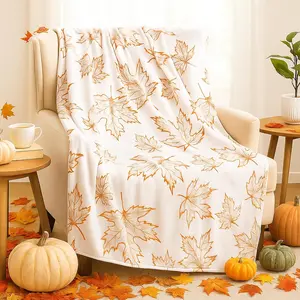 Thanksgiving Throw Blanket Soft Fall Leaves Blanket Autumn Plush Flannel Blanket Fall Warm Throw Blanket Harvest Cozy Blanket for Couch Bed Sofa Holiday, 50 x 60 Inches, 1 count, Print on One Side with a Plain White Back