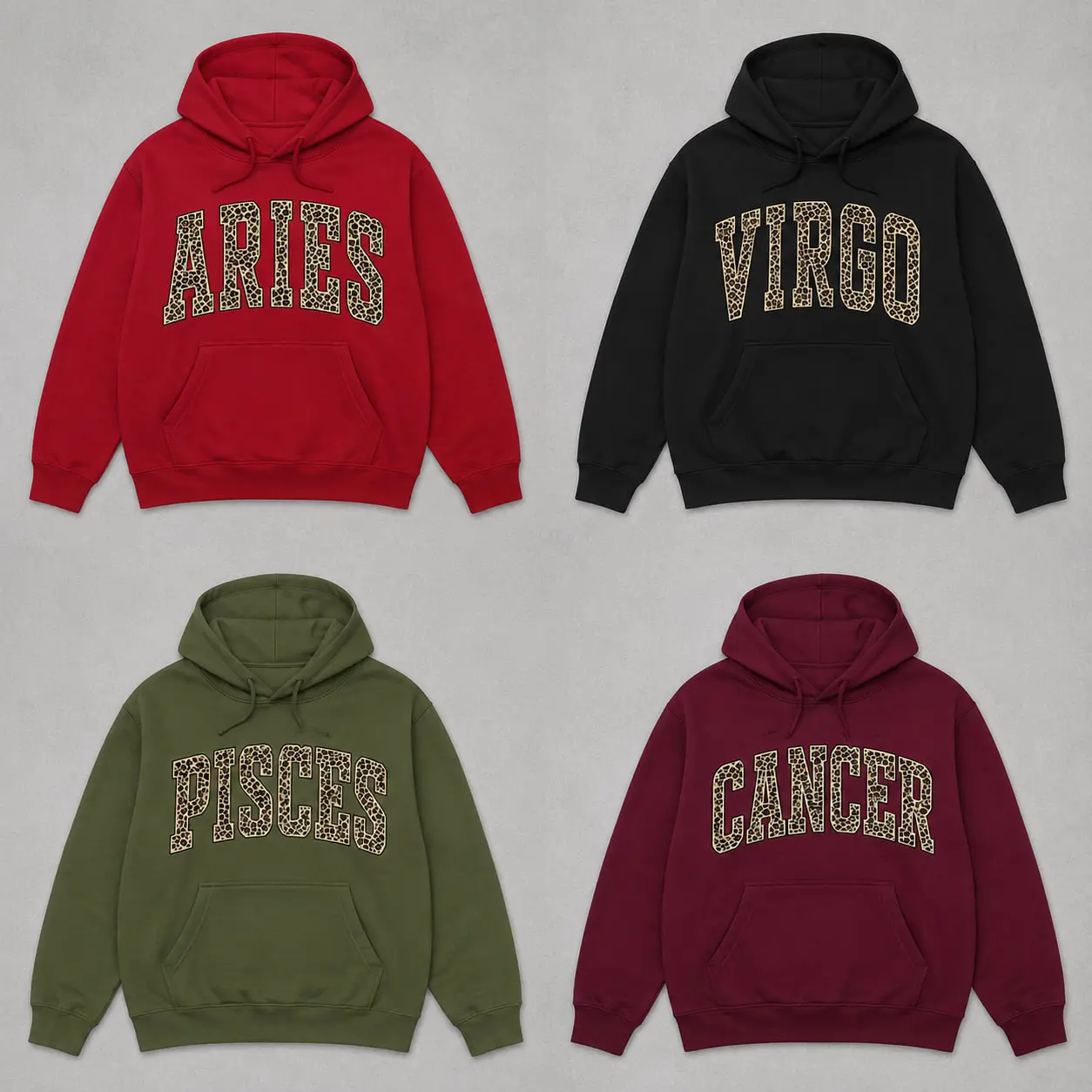 [LEAVE A NOTE OR NOT EST] Full 12 Zodiac Leopard Print Hoodie – Minimalist Astrology Sign Pullover with Optional EST Birth Year, Unisex Horoscope Streetwear Gift for Aries, Virgo, Pisces & Cancer Lovers