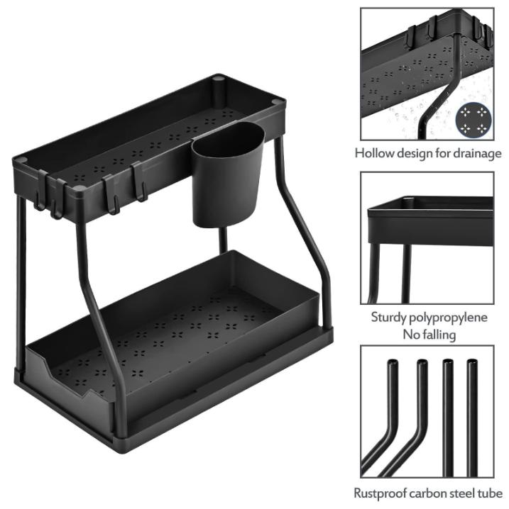 Under Sink 2-Tier Sliding Organizer with Frame Pull-Out Storage Basket Space-Saving for Kitchen Bathroom Laundry Room Sturdy Metal Frame Smooth Sliding Mechanism Adjustable Acrylic Straw Holder blade stand cork