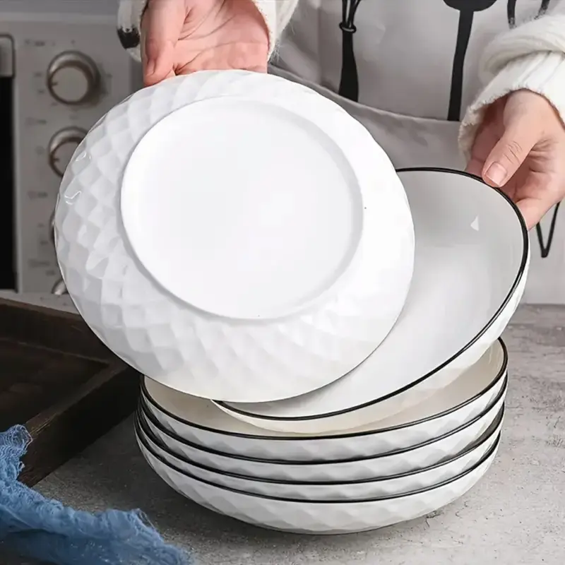 12-Piece Modern Round Ceramic Dining Set - 6 Dinner Plates, 6 Cereal Bowls, Heat-Resistant Striped Reusable Dishes, Dishwasher Safe, Adult Kitchen Tableware, Modern Kitchenware Set, Housewarming Gift for 11+ People