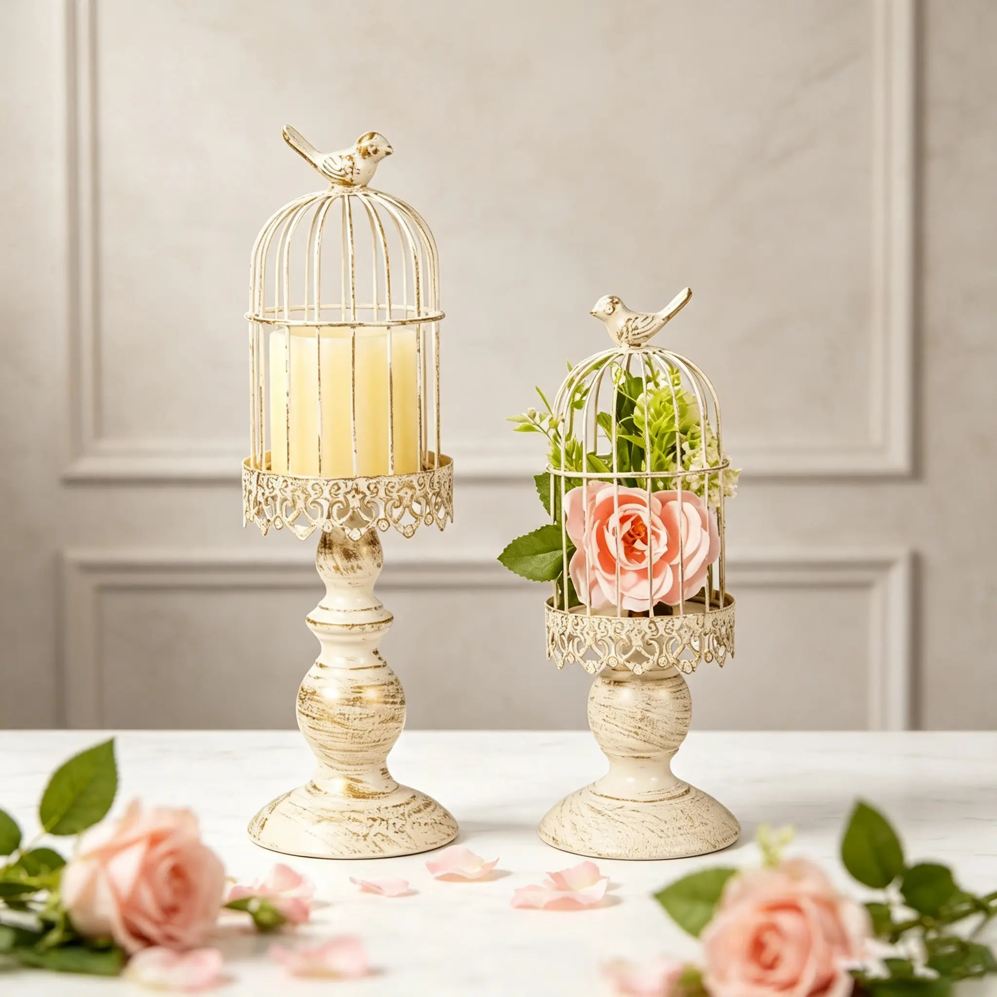 2-Piece Antique Wrought Iron Pedestal Candle Holder Set - Shabby Chic Distressed White Birdcage with Bird Finials, Varied Heights, Floral Farmhouse Decorative Metal Candlestick Table Centerpiece for Home Decor, Table Decor