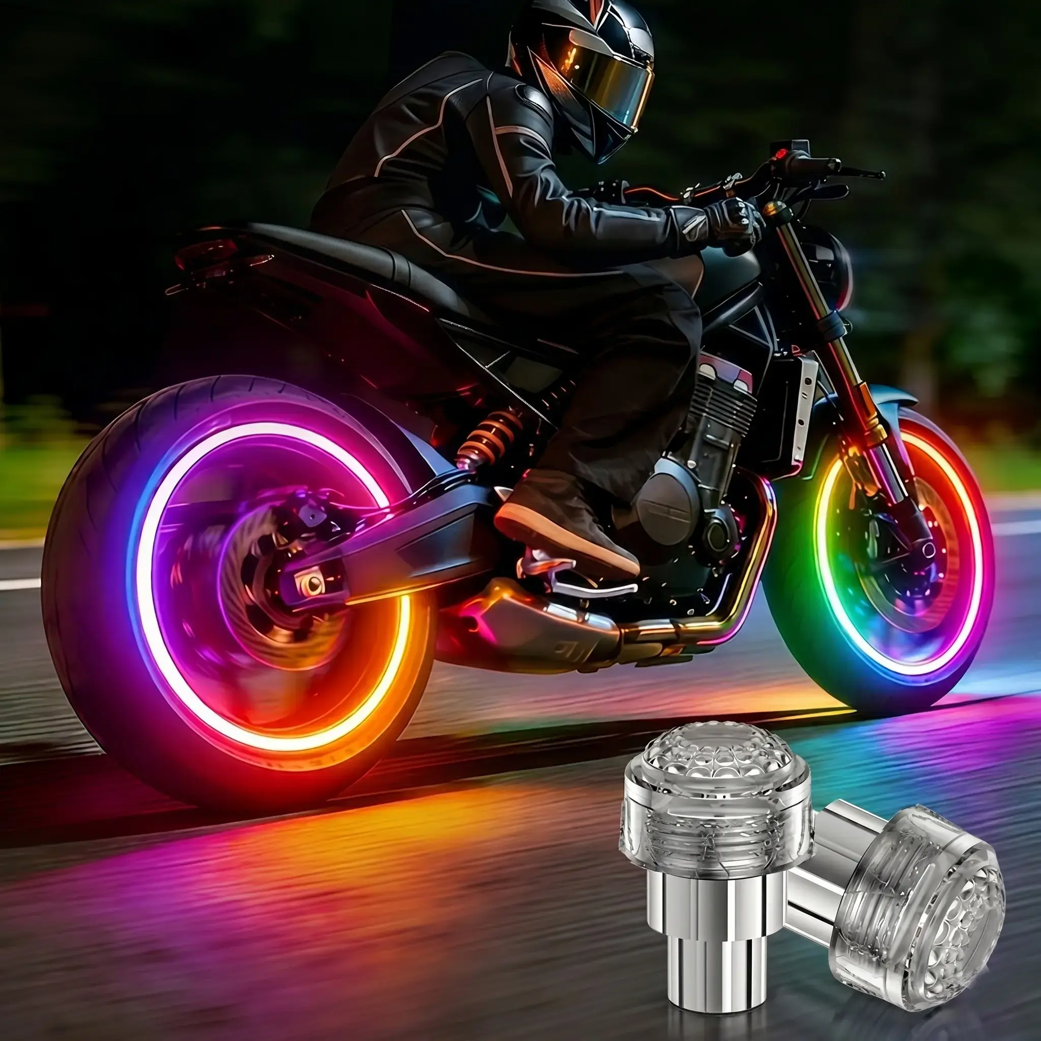 LED Motorcycle Wheel Lights, Universal Neon Tire Valve Cap Glow, Enhanced Night Visibility Safety for Bikes & Cars, Colorful/Ice Blue(2/4 PCS)