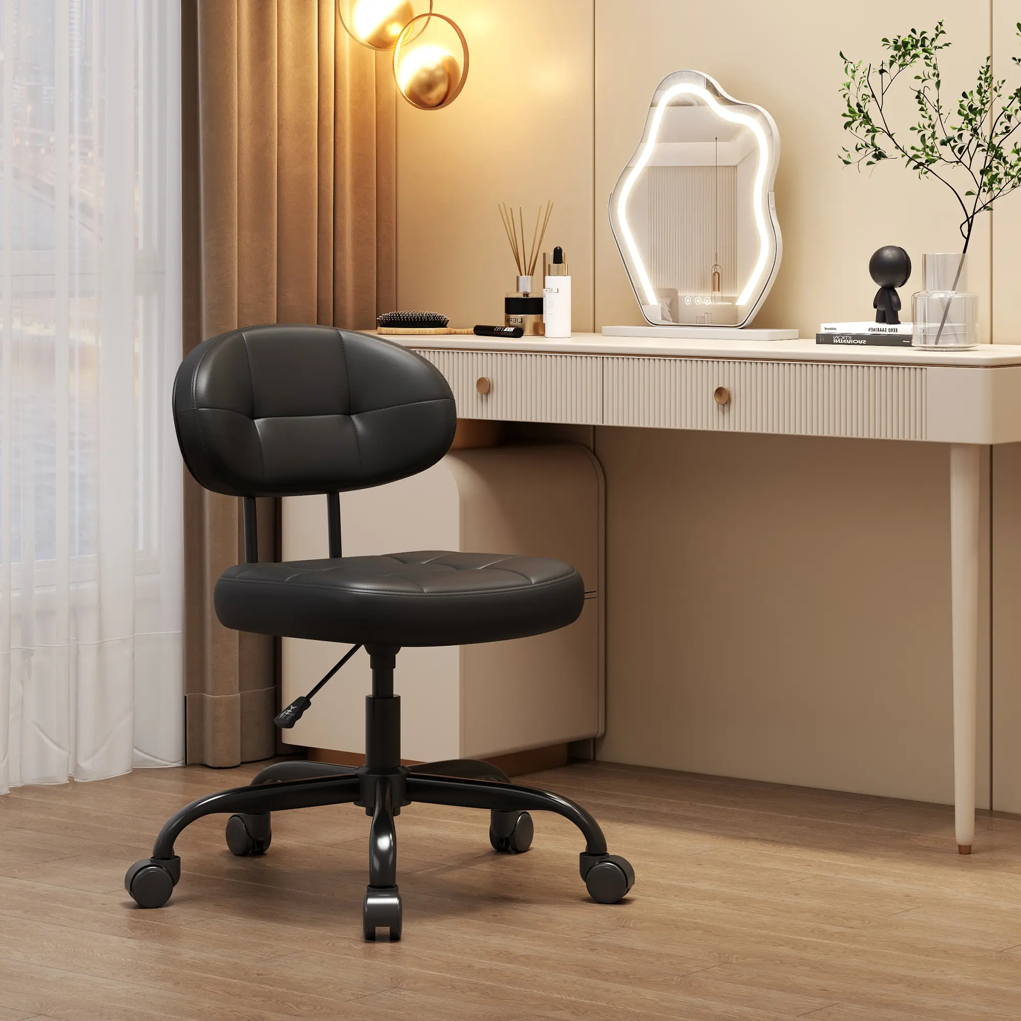 Misolant Vanity Chair with back, Small Armless Cute office Chair with wheels and Lumbar support, Comfy PU Leather Desk Computer Chairs with Adjustable Height, 360°Swivel for Home Bedroom Office MI-6103 summergarden