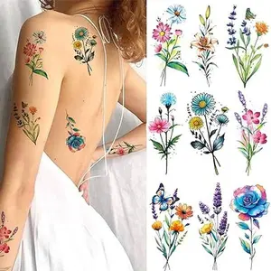 20 Sheets 3D Watercolor Flowers Temporary Tattoos For Women Girls Lily Daisy Lavender Dandelion Rose Tiny Floral Tattoos Sticker Realistic Long Lasting Fake Tattoo Stickers