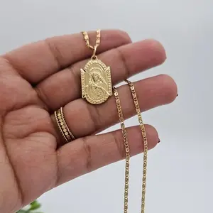 Gold Jesus Necklace, Our Lady of Mt Caramel, Double-Sided Pendant, 14k plated gold