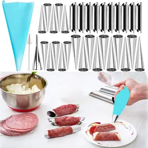 30Pcs Cream Horn Mold, Forms Tubes Kit, Stainless Steel 20pcs Cone Shaped and 10pcs Tubular Shaped Baking Molds for Danish Pastry Lady Lock Form Cream Roll Croissant