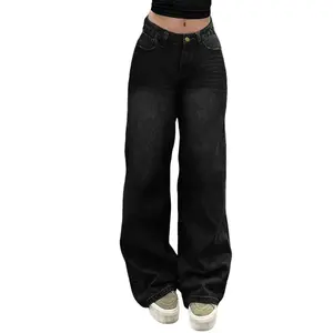 Trendy High - Waisted Baggy Black Denim Jeans for Women Womenswear Bottom Leg Basic