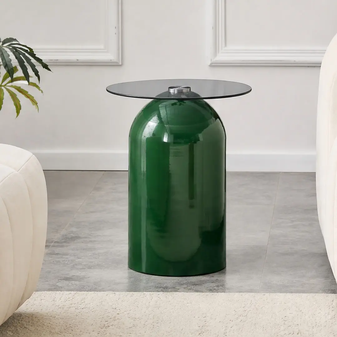 ARCH Small Round Coffee Table with Tempered Glass Top, Mid Century Modern Center Table for Living Room, Patio, Study, Office, Hotel, Green, 19.6x15.7x10.6 Inches, Easy Assembly, Versatile Side Table, Green Color Options, Glass Material