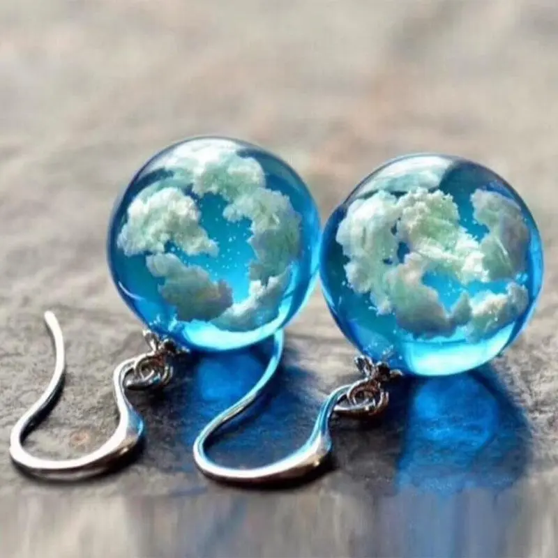 Exquisite Fashion Round Glass Blue Sky and White Clouds Pattern Earrings Personality Silver Color Metal Hook Dangle Earrings