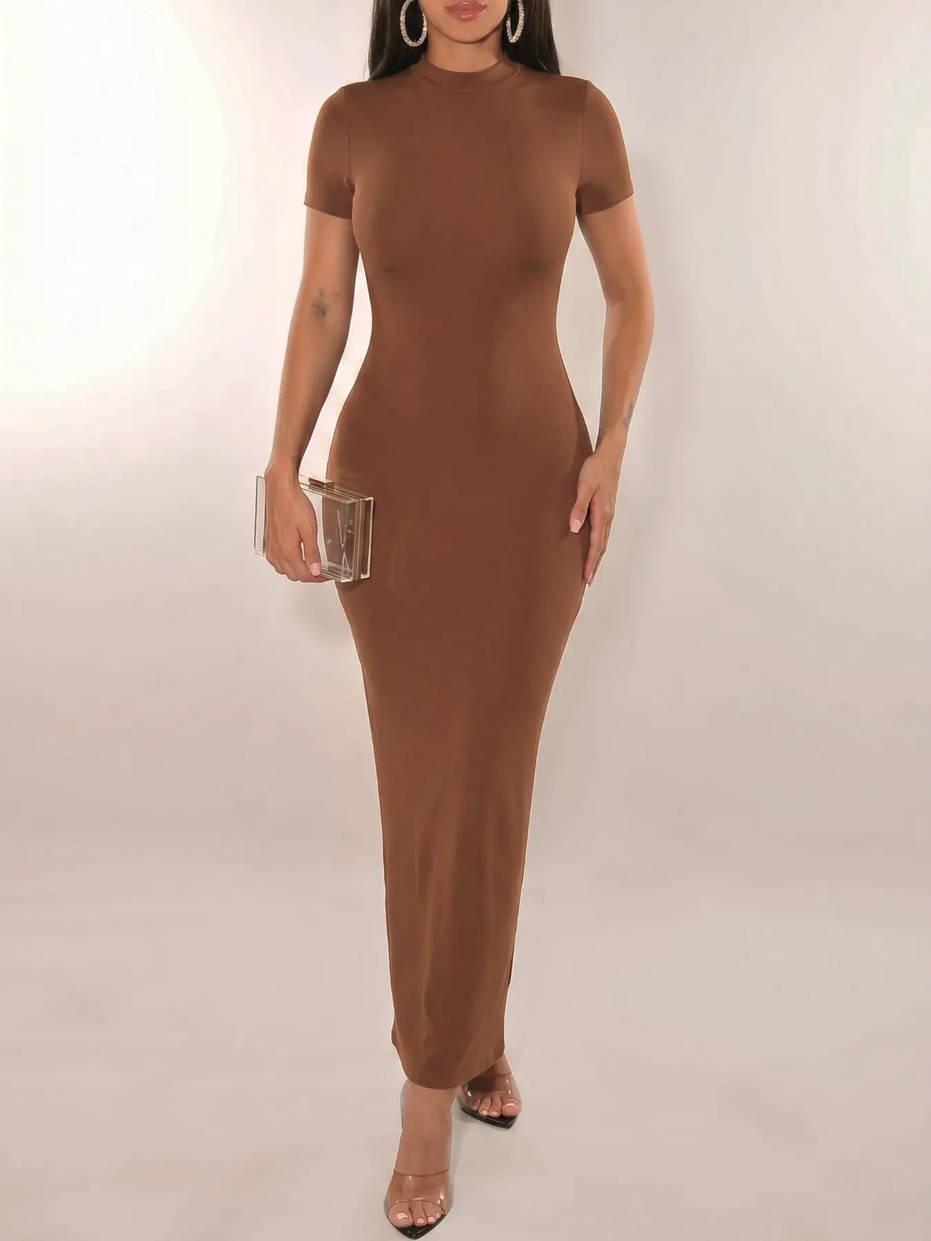Brown Snatched Sculpting Mock Neck Short Sleeve Bodycon Maxi Dress, Ultra-Soft Stretch Fabric, Chic, Neutral Tone, Versatile for Everyday and Night Out, Clean Girl Aesthetic Quiet Luxury Silhouette, Timeless Minimalist Essential Effortless Soft Wear