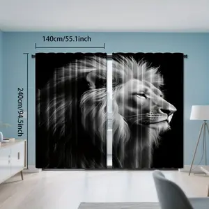 2 pieces of artistic black and white lion portrait king animal majesty curtains, semi blackout polyester fabric, suitable for bedroom, living room and office decoration, modern style
