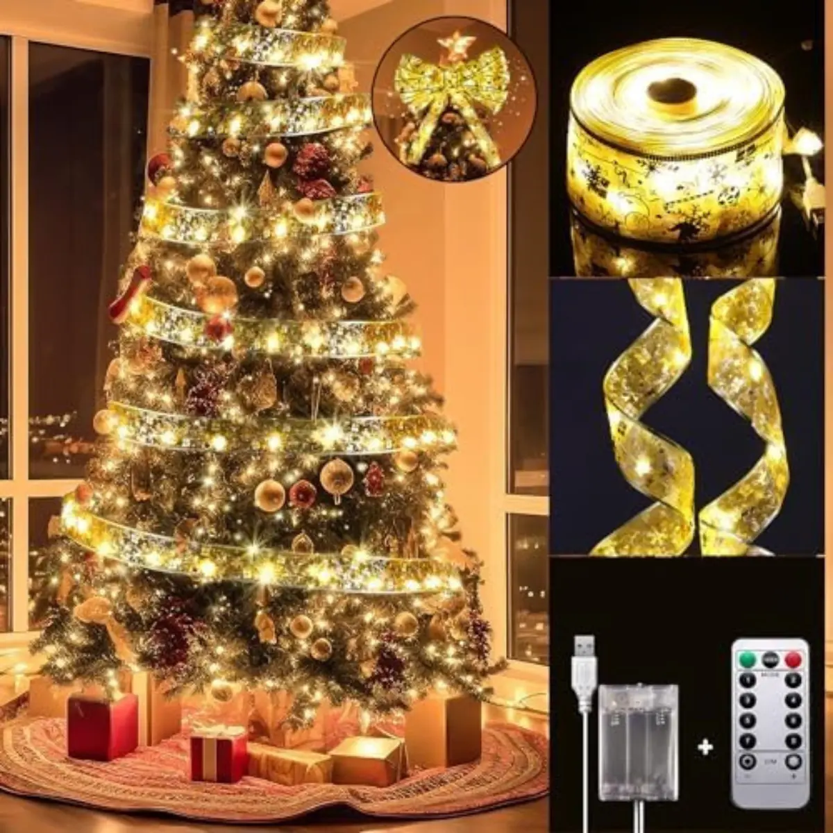 2 Pack Christmas Tree Decorations, Ribbon Lights Total 66Ft 200 LED Fairy Lights with 8 Modes & Timer, USB or Battery Operated Christmas Lights for Tree Indoor (Gold with Warm Light)