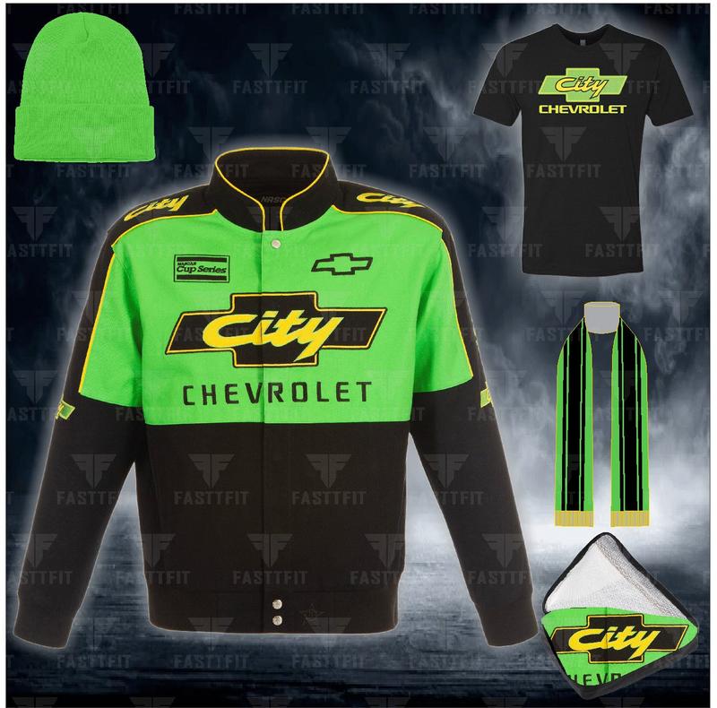 NASCAR JH Design Black City Chevrolet Legend Full-Snap Twill Uniform Jacket (FREE T-shirt, FREE Beanie Cap, FREE Scarf, FREE Bag)