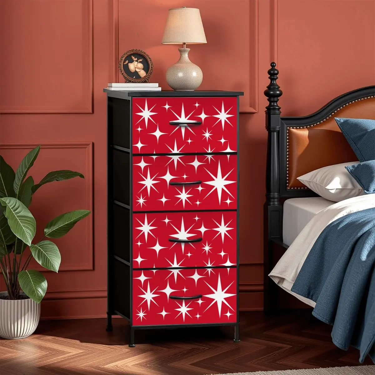 Atomic Starburst Red White Mid Century Modern 4-Drawer Dresser