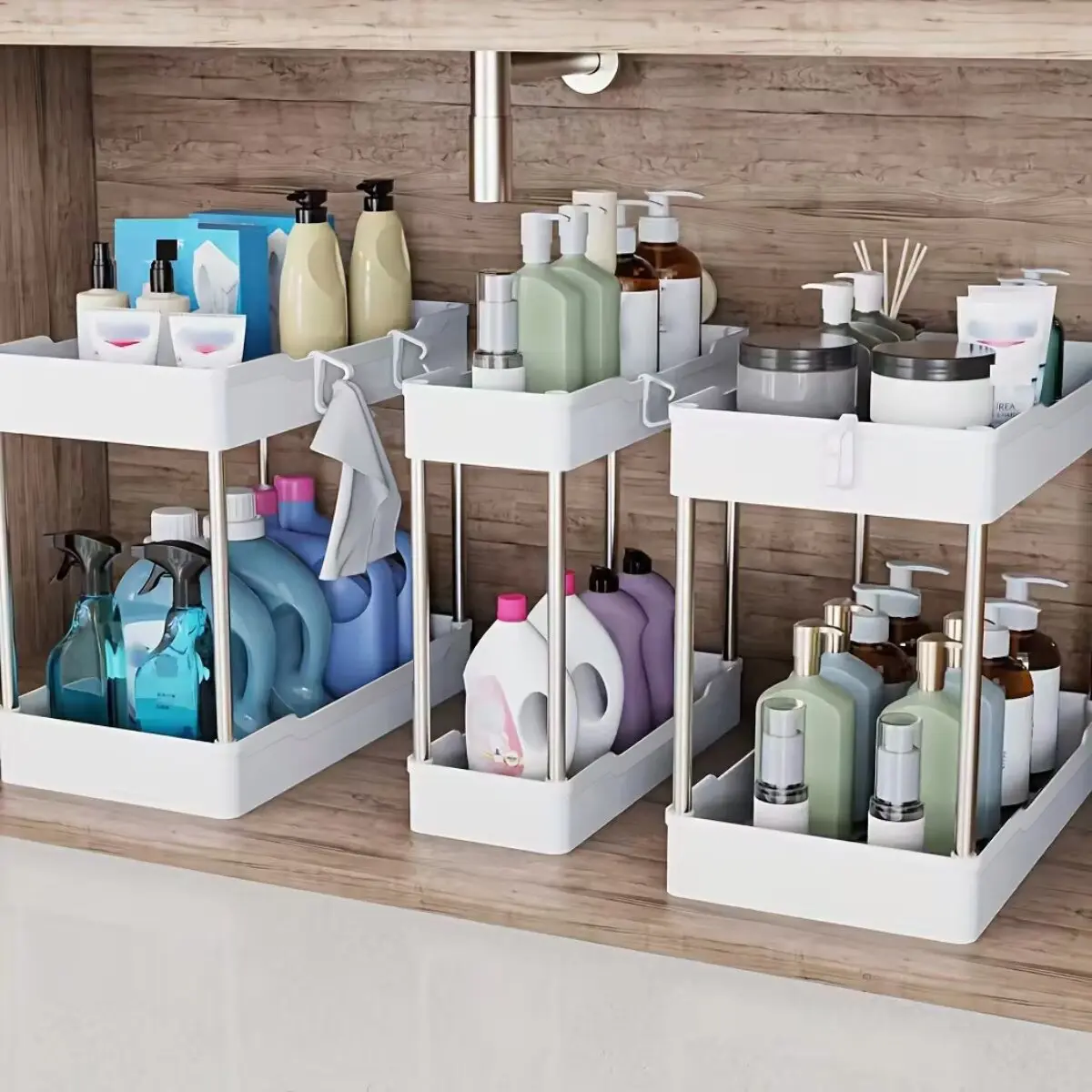 3 Pack Under Sink Organizer Set, 2-Tier Storage Racks Vanity Countertop Storage Container for Bathroom Kitchen, Cabinet Shelf for Cleaning Supplies  Small Medium Large Sizes for Pantry, Kitchen