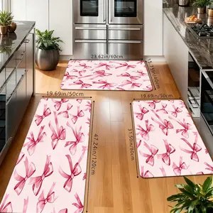 Pink Bow Kitchen Rugs Set, Non-Slip Washable Floor Mats, Watercolor Bow Print Runner Carpets for Kitchen, Bathroom & Coquette Decor