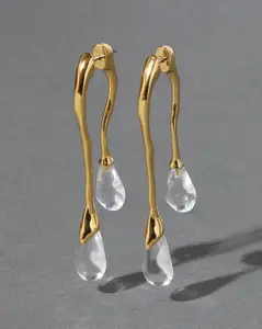 Lucite Gold Front Back Double Drop Earring- Clear