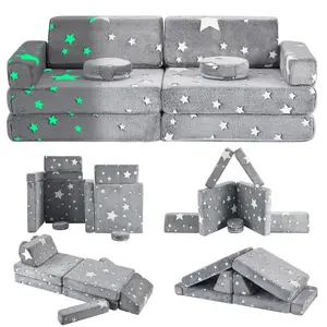 Kids Play Couch, 10 Pcs Toddler Sofa, Foam Modularized Convertible Couch Play Set for Playroom Bedroom, Glowing in The Dark