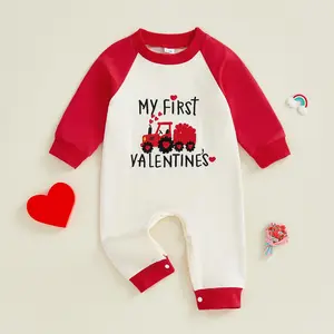 Infant Baby Boy Valentines Romper Love Heart Tractor Letter Embroidered Long Sleeve Jumpsuit Spring 0-18 Months