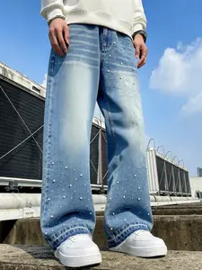 Men's Loose Wide-Leg Jeans, Denim, Casual Streetwear, Pearl-Decorated Light Stone Washed Pants, Comfortable Fit, Retro Vintage Y2K Style Street Leisure Pants, Suitable as a Gift