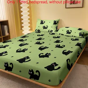 SoftHaven Home Made in USA Cute Cartoon Black Cat Print Fitted Sheet, Soft Brushed Polyester, Deep Pocket Design, Ideal for Bedroom & Guest Room Decor, Machine Washable & Reusable, Perfect Christmas Gift