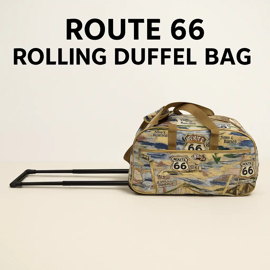 Route 66 Vintage Rolling Duffel Bag Expandable Travel Tote with Wheels & Telescopic Handle Foldable Lightweight Luggage for Weekend Trips Carry On Ready