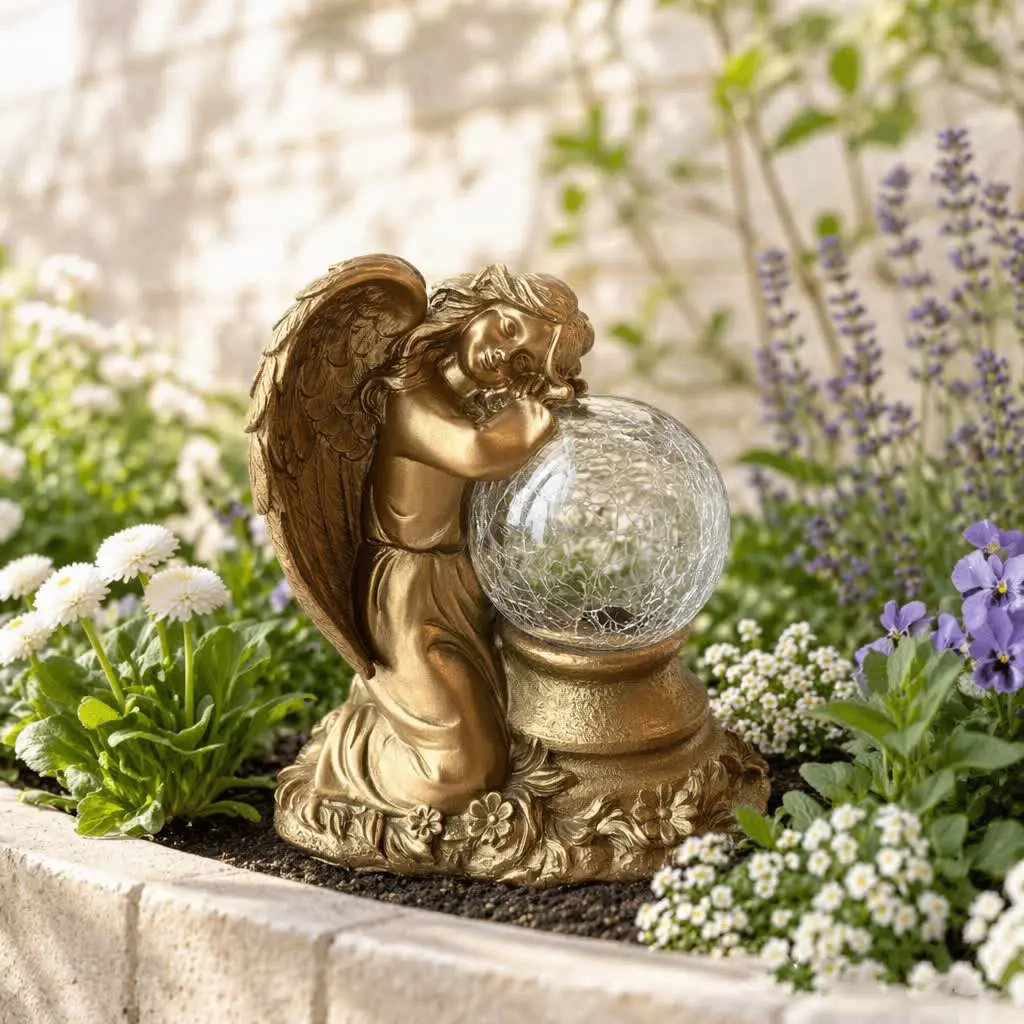 Whimsical Traditional 1-Piece Solar Angel Garden Statue Light with Cracked Glass Ball - Classic White & Vintage Copper Finishes, Water Resistant LED Garden Vintage Outdoor Landscaping Decor, Patio Accent, Mother’s Day Memorial Gift