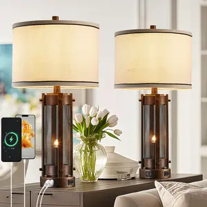 Set of 2 25 Inch Rustic Lamps with Dual USB + Built-In Night Light