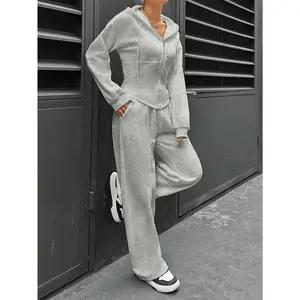 Women’s white hooded sweatshirt and jogger pants set — zip-up hoodie with drawstring, sneakers included — casual women’s clothing suit, basic two-piece set