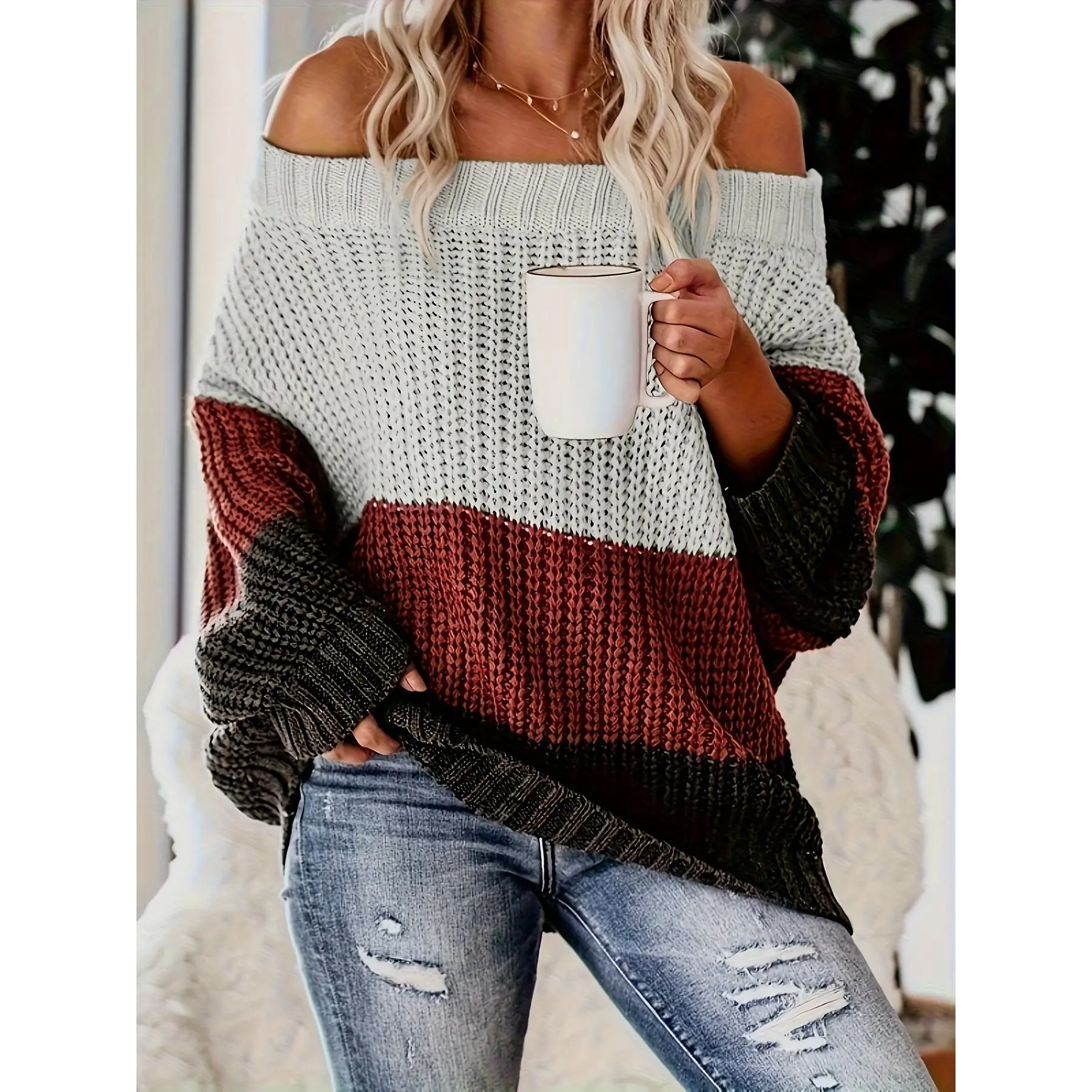 Plus Size, Women's Plus Size Color-Block Round Neck Sweater - Casual Winter Pullover with, Warm Cozy Sweaters for Fall/Winter, Machine Washable Sweaters for Professional & Casual Attire (Suitable for Office & Casual Outfits)