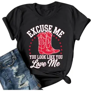Women's Western Cowboy Boot Graphic Tee - Fitted Casual Round Neck Clothes, Rodeo Cowgirl Streetwear, Country Music Concert Funny Letter Sweatshirt
