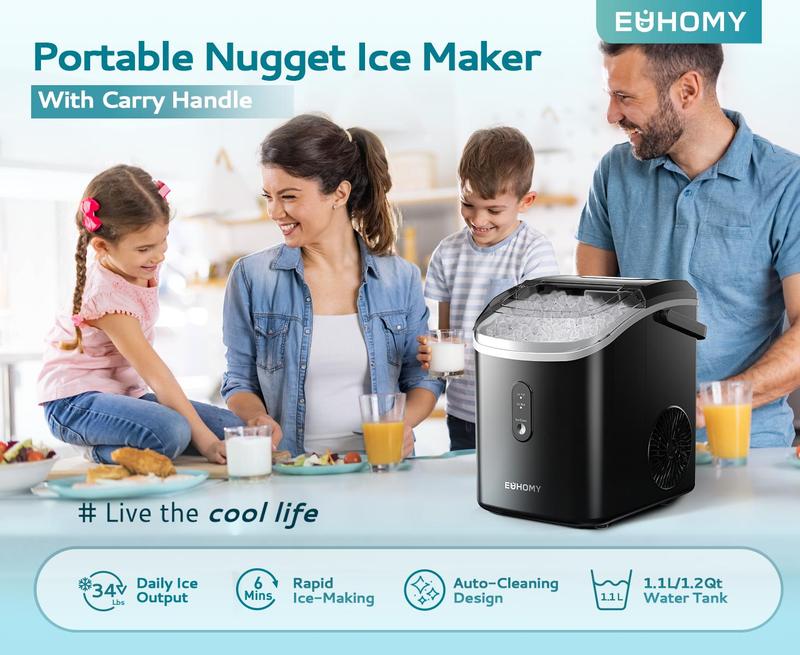 EUHOMY Best-Selling Countertop Nugget Ice Maker with Handle: 33 lbs of Ice in 24 Hours, 6-Minute Ice Readiness, Removable Cover, Auto-Cleaning, Includes Basket and Scoop, Perfect for Home, Kitchen, Parties & Camping