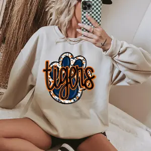 Tigers Paw Print Shirt Orange and Navy Team Pride Shirt, Crew Neck Cotton Trendy, Unisex Fits Shirt