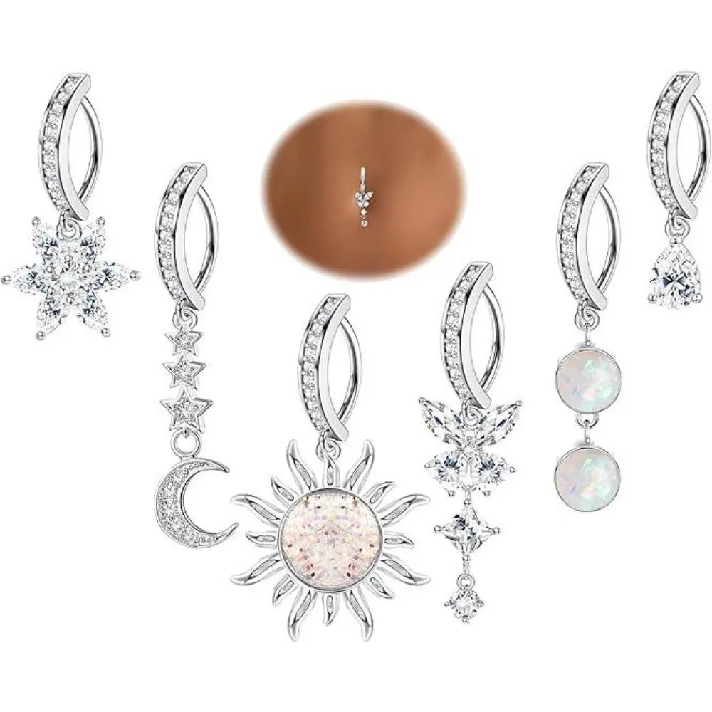 6Pcs 14G Clicker Belly Button Rings Dangle Belly Rings for Women Surgical Steel Hoop Belly Button Ring Butterfly Moon CZ Opal Flower Belly Button Piercing Jewelry