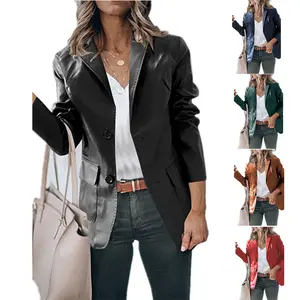 Women's Faux Leather Blazer - Notched Lapel Single-Breasted Coat, Soft Durable Material, Functional Pockets & Multiple Color Options (Black/Navy/Green), Flattering Fit for Office Casual Streetwear