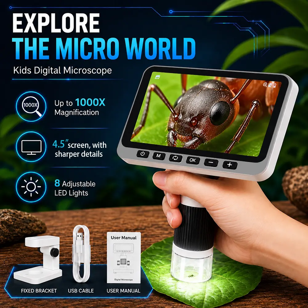 2026 Upgrade Kids Handheld Digital Microscope - 1000X STEM Toy with 4.5" HD IPS Screen, 1080P Photo-Video Camera, 1500 mAh Rechargeable Battery, Portable for Cell Observation, STEM Gift for Boys and Girls Ages 3+ (Sparks Curiosity)