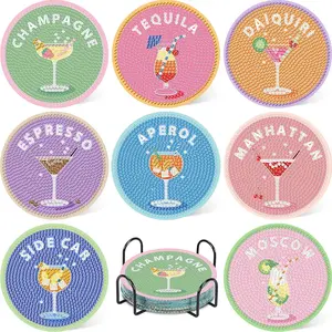 8 pcs 5D Diamond Painting Coasters Set With Holder DIY Retro Drink Coasters For Adult Crafters Gift
