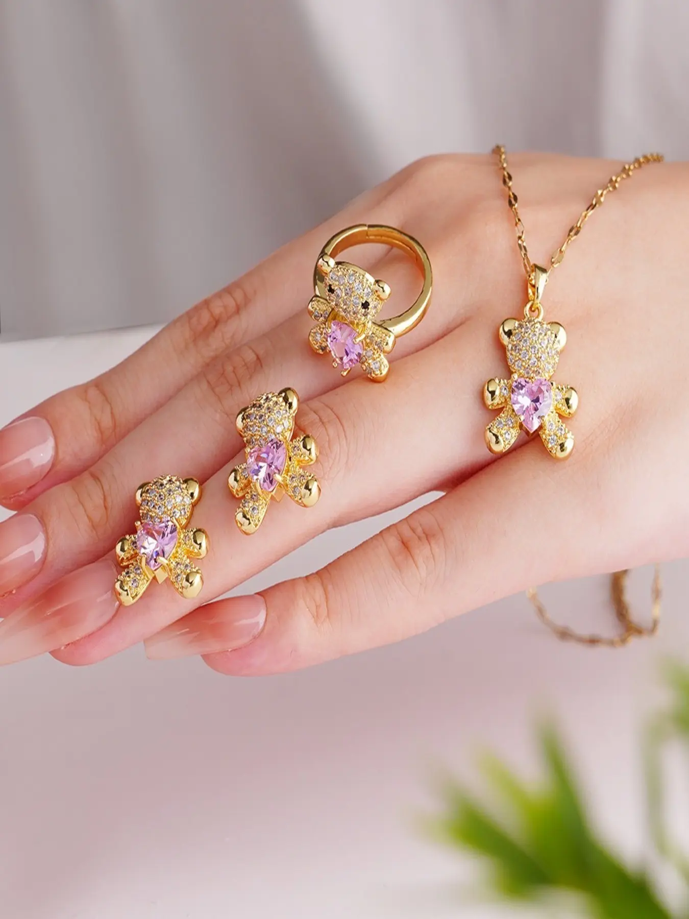 1 Set of New Cute Bear-Themed Zirconia Jewelry Set: Stainless Steel Necklace + Ring + Earrings. Exquisite, High-Quality Women's Jewelry. Sweet and Versatile Accessories.