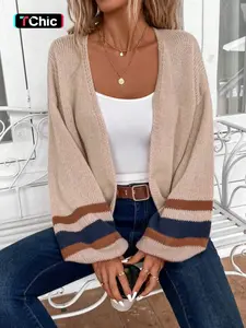 Autumn Winter Casual Striped Lantern Sleeve Drop Shoulder Knit Loose-Fit Sweater Jacket Knitwear, Women's Fashion Outerwear for Daily Wear