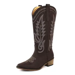 Women's Brown Western Cowboy Snip Toe Embroidered Leather Knee High Cowgirl Boots Wide Calf AZARWOMAN