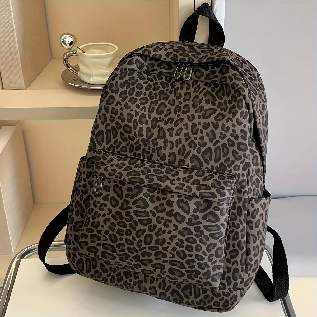 Youth Leopard Print Synthetic Commuting Backpack - Chain Detail, Casual Statement Rucksack for Teenage College/University Students, School & Campus Use, Do Not Dry Clean