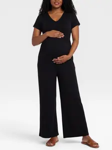 Women's Short Sleeve V-Neck Flare Leg Jumpsuit - Motherhood Maternity