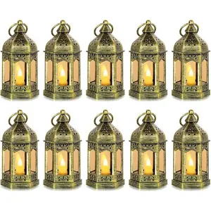 Mini Lantern with Flickering LED Candles Set of 10 Hewory Gold Vintage Decorative Hanging Candle Lanterns for Halloween Christmas Wedding Decorations Party Table Centerpiece Battery Included