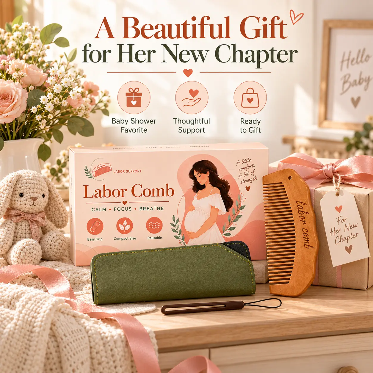 Wooden Birth Comb for Pregnancy Preparation, Labor & Delivery Handheld Support Tool for Expecting Moms, Compact Maternity Accessory with Wrist Strap for Childbirth Day
