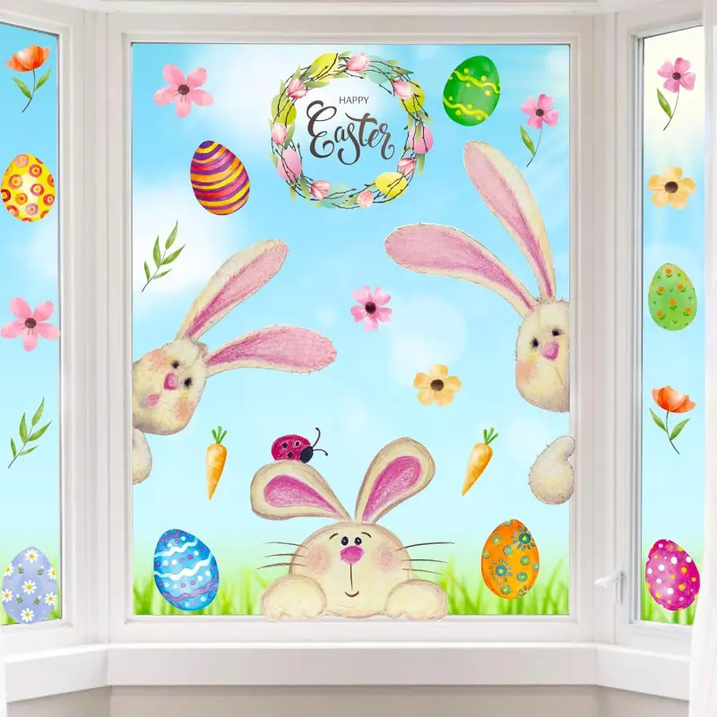 Easter Window Clings Decorations for Glass Easter Window Stickers Decal Large Bunny Stickers with Eggs Spring Door Wall Window Decor