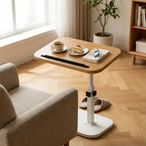 Wood Top Height Adjustable Side Table, Flip-Top Overbed Table for Living Room, Bedroom & Balcony, Stable Sofa End Table Laptop Stand