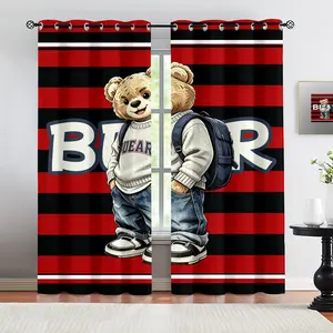 Handsome teddy bear pattern, 2-piece curtain set, suitable for living room, balcony, and bedroom windows, perfect for home, seasonal, holiday room decoration