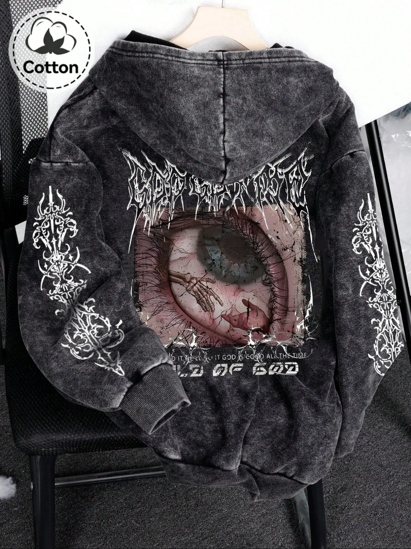 Men's Cotton Zipper Hoodie, Eye Pattern Print, Loose Fit Casual Long Sleeve Sweatshirt, Fashionable Spring & Fall Pullover Top, Graphic Hoodies