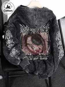 Men's Cotton Zipper Hoodie, Eye Pattern Print, Loose Fit Casual Long Sleeve Sweatshirt, Fashionable Spring & Fall Pullover Top, Graphic Hoodies