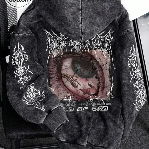 Men's Cotton Zipper Hoodie, Eye Pattern Print, Loose Fit Casual Long Sleeve Sweatshirt, Fashionable Spring & Fall Pullover Top, Casual Hooded Sweatshirt